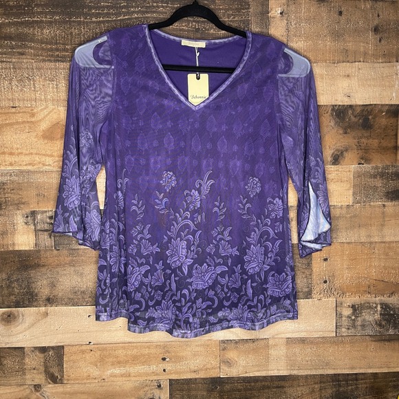 Bebonnie Floral Print V-Neck 3/4 Sleeve Purple Blouse Top Woman's Medium NWT - Picture 2 of 4